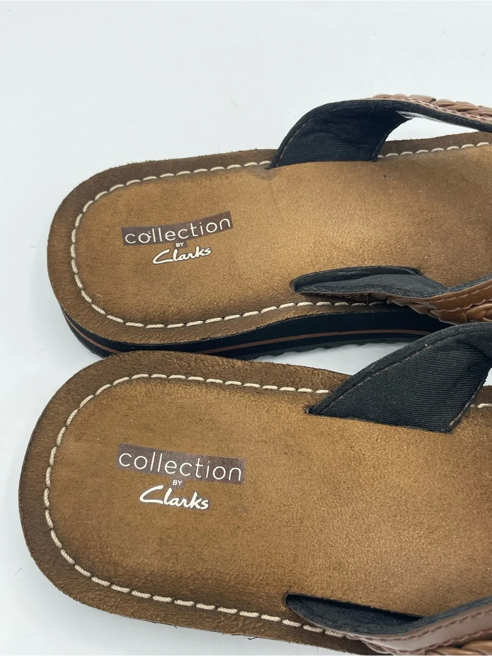 Clarks Collection Women’s Brown Braided Leather Toe-Post Sandals.